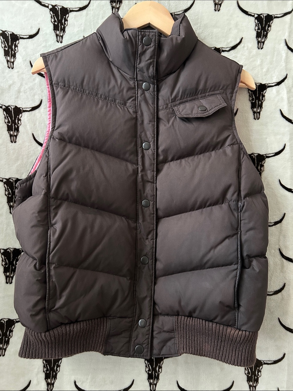 Vintage Y2K Gap Down Puffer Vest M Chocolate Brown Pink Lined Quilted